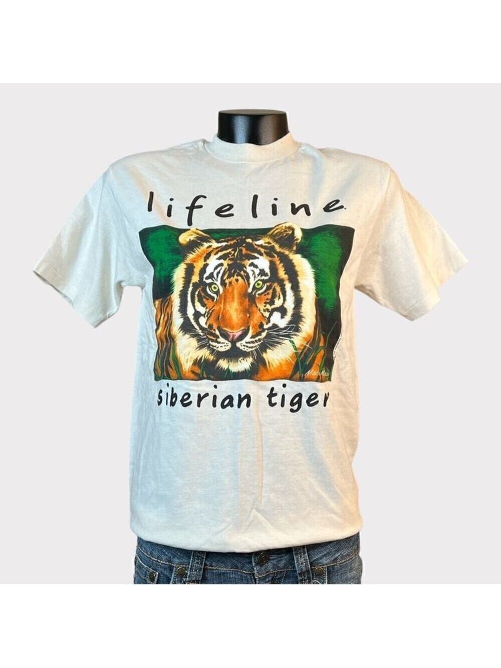 Hanes VINTAGE NWOT Single Stitch Lifeline Siberian Tiger T-Shirt Men's S Top Tee